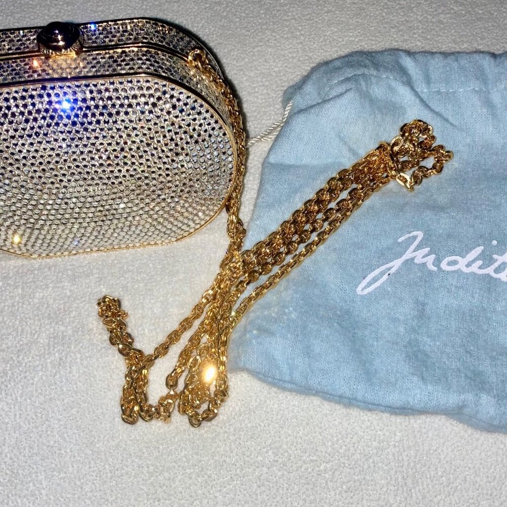 Judith Leiber Crystal Oval Minaudière Clutch w/ Chain & Dust Bag (Gold)
